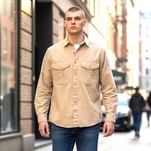 Vintage Filson Workwear Shirt Utility Heavy Duty Button Up Tan Canvas Mens Large